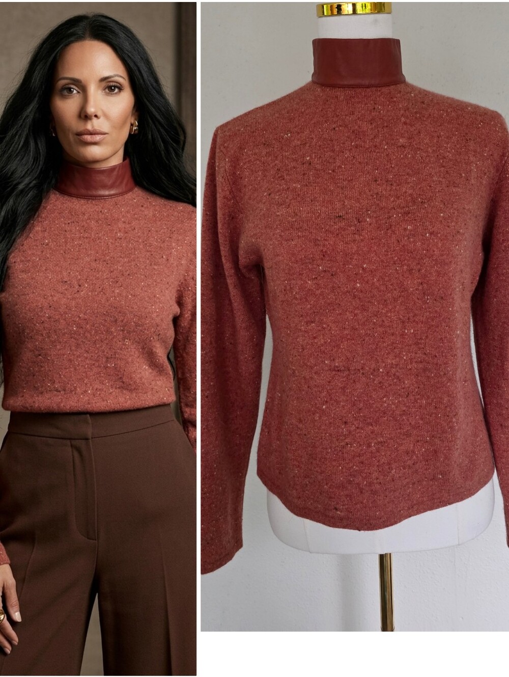Vintage Autumn Cashmere Donegal-style flecked knit Leather Neck  Sweater M